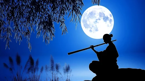 Silhouette Playing Flute Under Moonlight