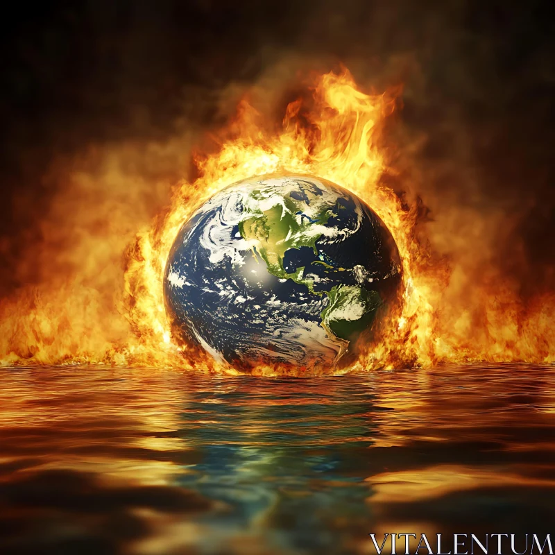 Burning Earth on Water AI Image