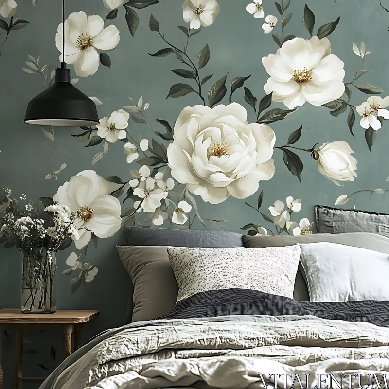 Charming Bedroom with Floral Wall Design AI Image