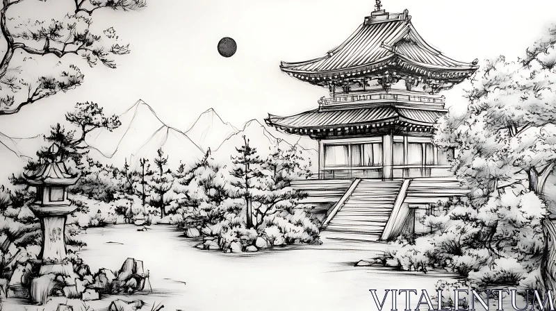 AI ART Monochromatic Asian Temple View