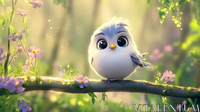 Fluffy Bird Perched on Branch AI Image