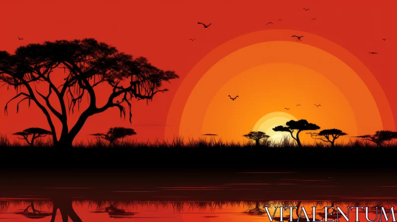 African Sunset: A Silhouette of Savannah Landscape AI Image