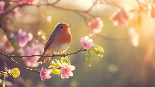 Spring Robin Among Pink Blossoms