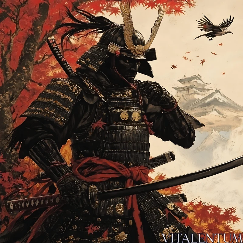 AI ART Armored Samurai with Red Maple Leaves