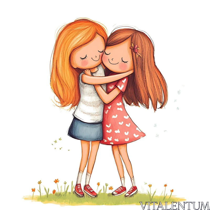 Illustration of Two Young Girls Hugging AI Image