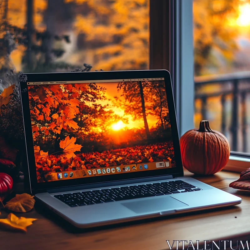 Seasonal Autumn Vibes with Laptop and Pumpkin AI Image