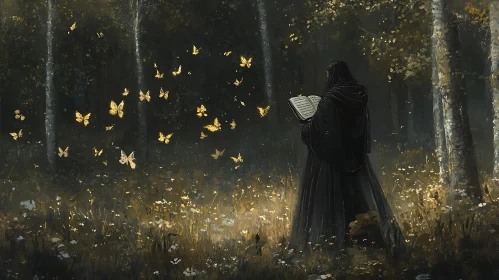 Forest Reader with Golden Butterflies