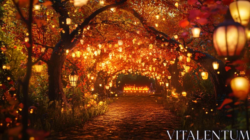 AI ART Lantern Lit Pathway Through Autumn Trees