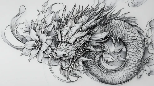 Monochrome Dragon with Floral Design