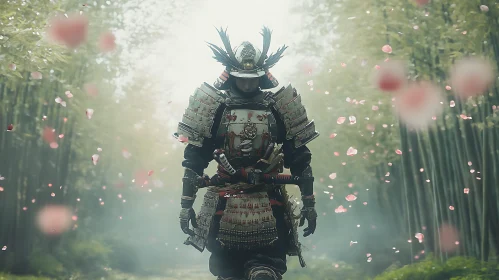 Armored Samurai Amidst Falling Blossoms