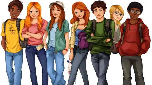 Diverse Teenagers Cartoon Style Artwork