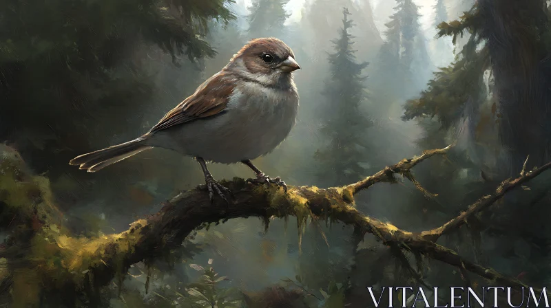 Bird on Branch in Misty Woods AI Image