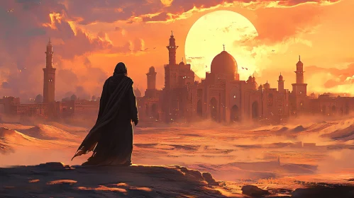 Cloaked Figure in Desert Cityscape