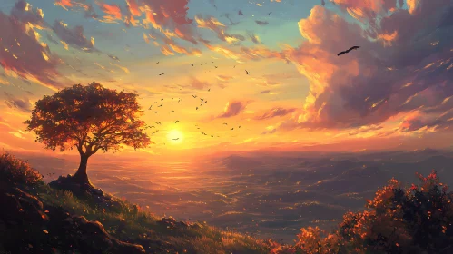Serene Sunset Landscape with Lone Tree