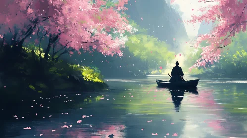 Cherry Blossom River with Lone Boat