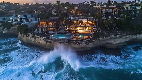 Nighttime Aerial View of Cliffside Homes with Crashing Waves