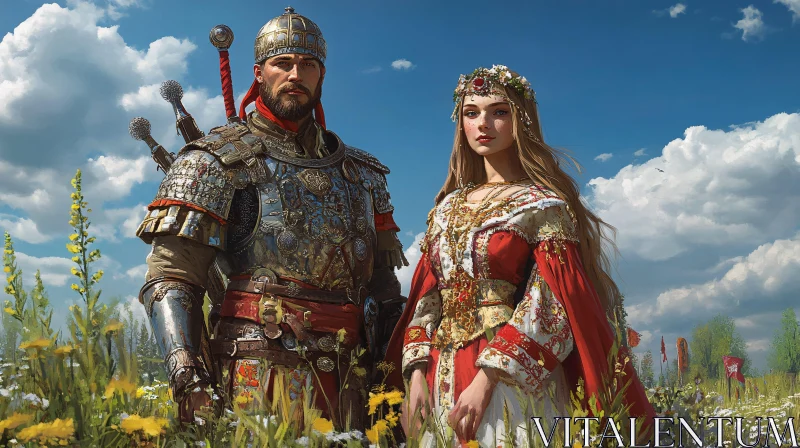 AI ART Warrior and Maiden in a Meadow