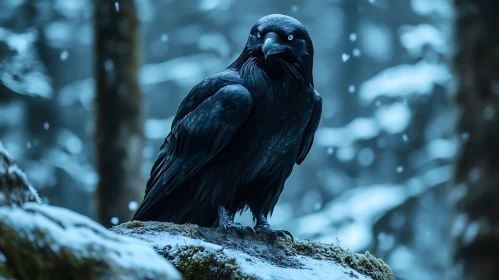 Winter Raven Perched on Snow Branch