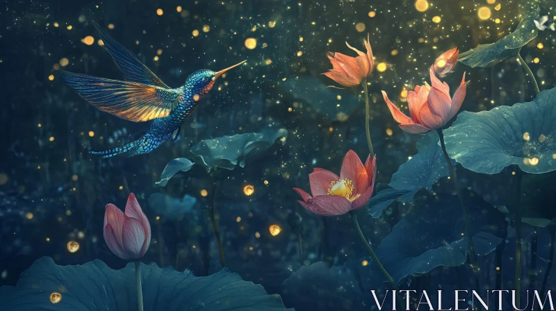 Hummingbird and Lotus Flowers in Magical Light AI Image