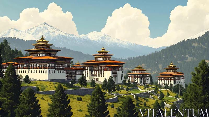 AI ART Bhutanese Buildings in a Mountainous Landscape