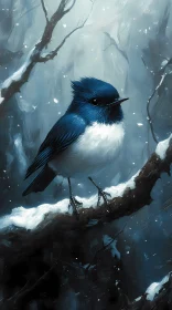 Serene Blue Bird on Snowy Branch