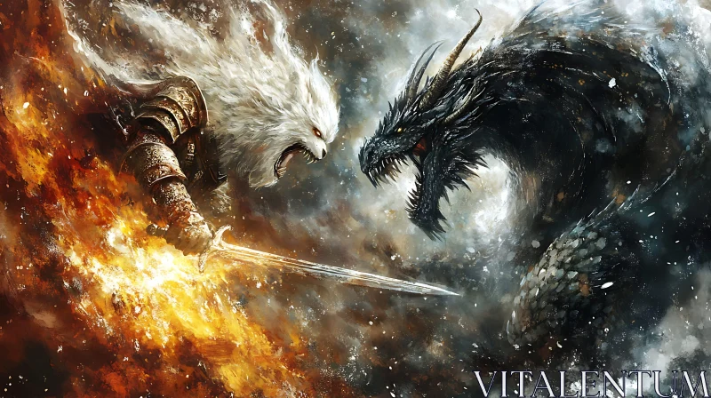 Dragon and Warrior Clash Fantasy Art AI Image