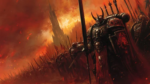 Armored Warrior in Fiery Landscape
