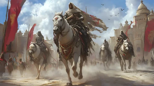 Ancient Warriors on Horses in Cityscape