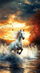 Galloping Horse in a Sunset River