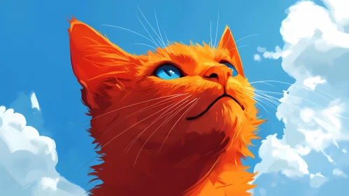 Orange Cat with Blue Eyes and Clouds