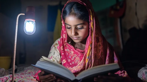 Young Girl Studies by the Lamp Light