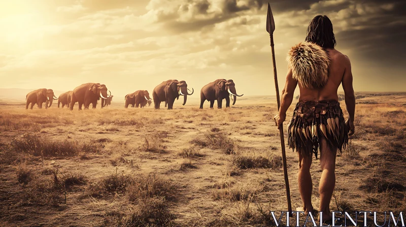 Prehistoric Hunter Observing Mammoth Migration AI Image