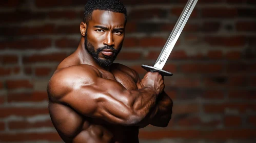 Man with Sword in Front of Brick Wall