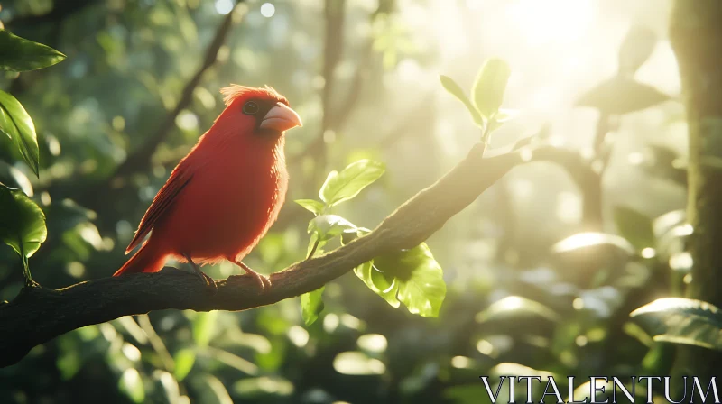 Red Cardinal on Branch in Green Forest AI Image