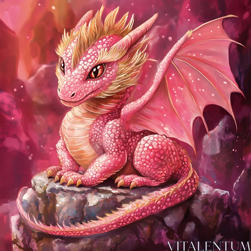 AI ART Whimsical Pink Dragon on Rock