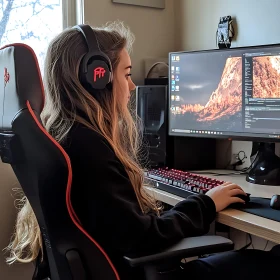 Focused Individual Using High-Tech Gaming Setup