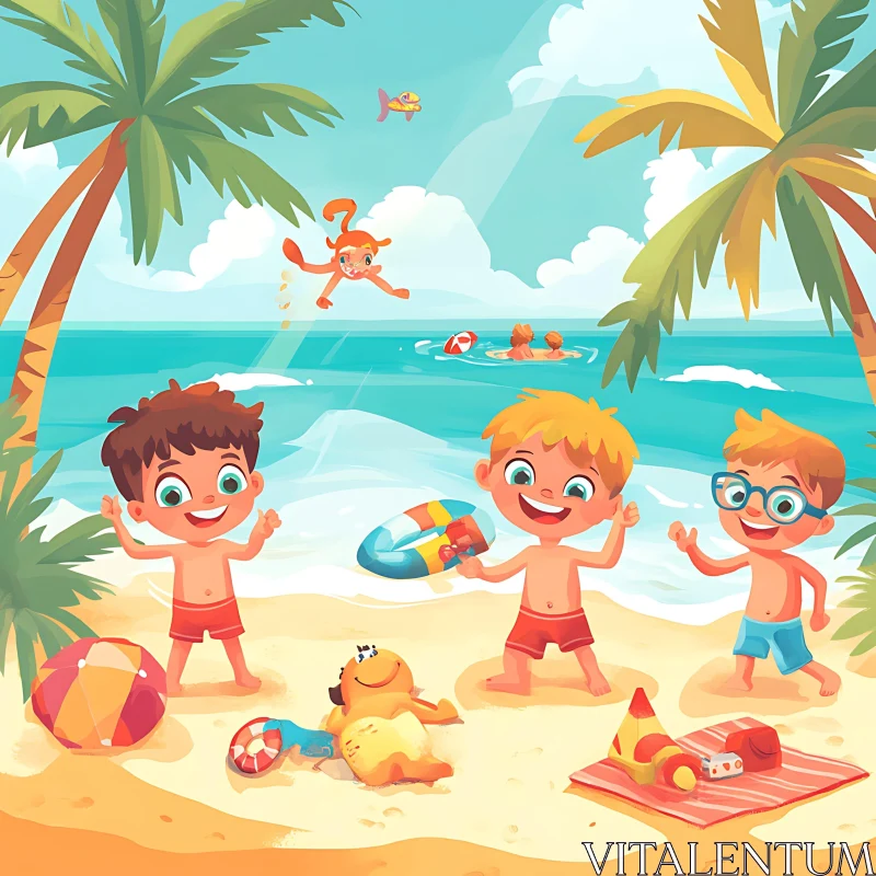 AI ART Cartoon Children Playing on Beach