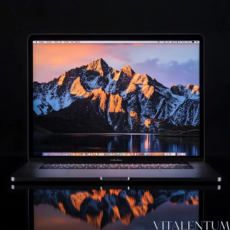 Mountain Range at Sunset on Laptop Screen AI Image