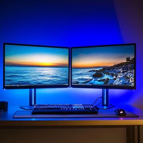 Modern Workspace with Dual Monitors and Blue Backlight