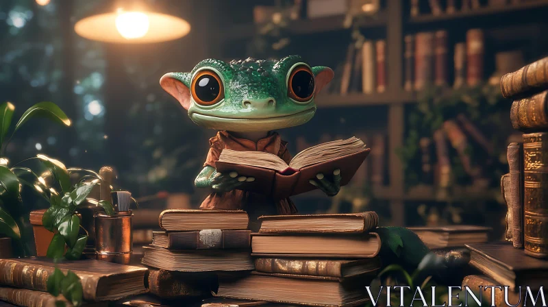 AI ART Frog Reading Book in Cozy Library