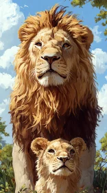 Lion and Cub in Nature