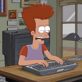 Animated Character at Desk Coding Enthusiastically