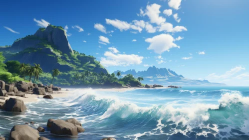 Captivating Beach with Waves and Mountains in Unreal Engine Style