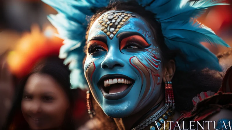 Carnival Exuberance: Woman with Blue Face Paint and Feathers AI Image