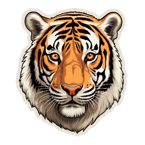 Cartoon Tiger Face with Green Eyes Illustration POD Design