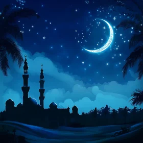Night Scene of Mosque with Crescent Moon