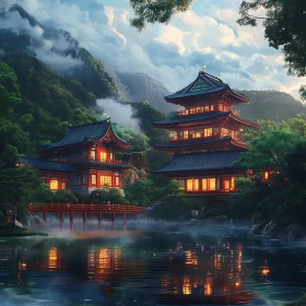 Pagodas in Misty Landscape