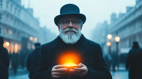 Man Holding Light in Foggy Cityscape