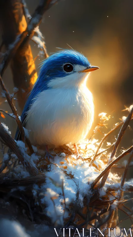 Blue Bird Enveloped in Golden Sunset on Snow AI Image