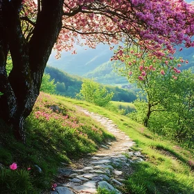 Tranquil Stone Path with Pink Blossoms